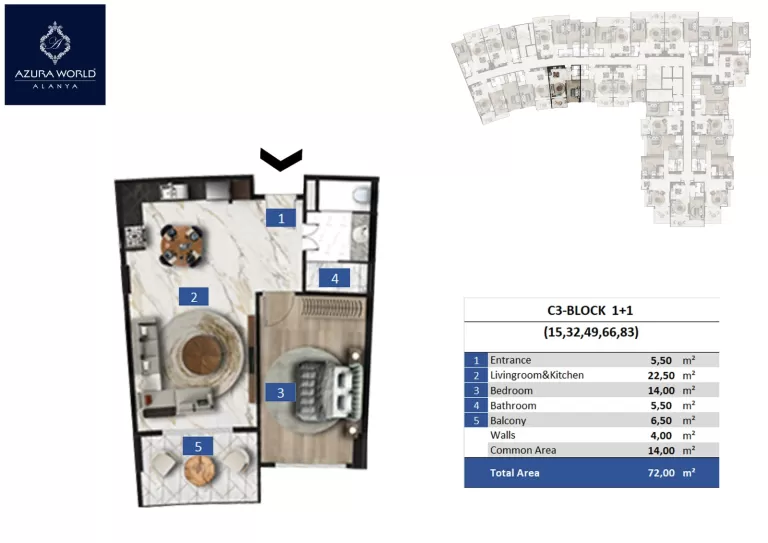 1+1 - 58 m²- 4. Kat Havuz Manzaralı